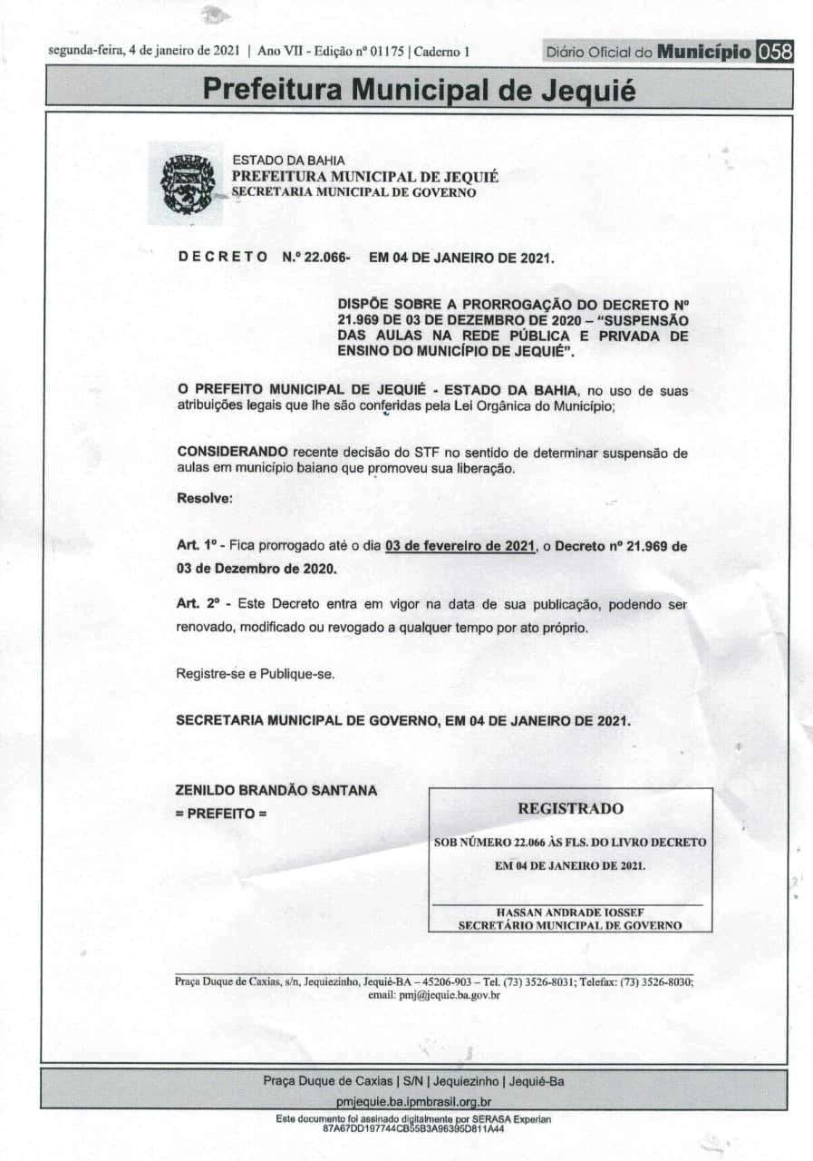 Prefeitura publica Decreto sobre a manutenção das suspensão das aulas na Rede Pública e Privada de Jequié. Confira o decreto: