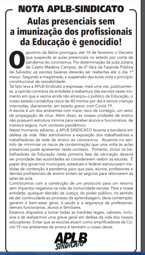 APLB divulga nota pública no Jornal A Tarde: “Aulas presenciais sem a imunização dos profissionais da Educação é genocídio!”