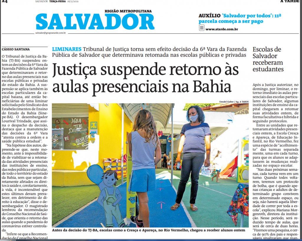 A Tarde – Justiça suspende retorno às aulas presenciais na Bahia. APLB mantém defesa da vida. Aulas presenciais só com vacina!
