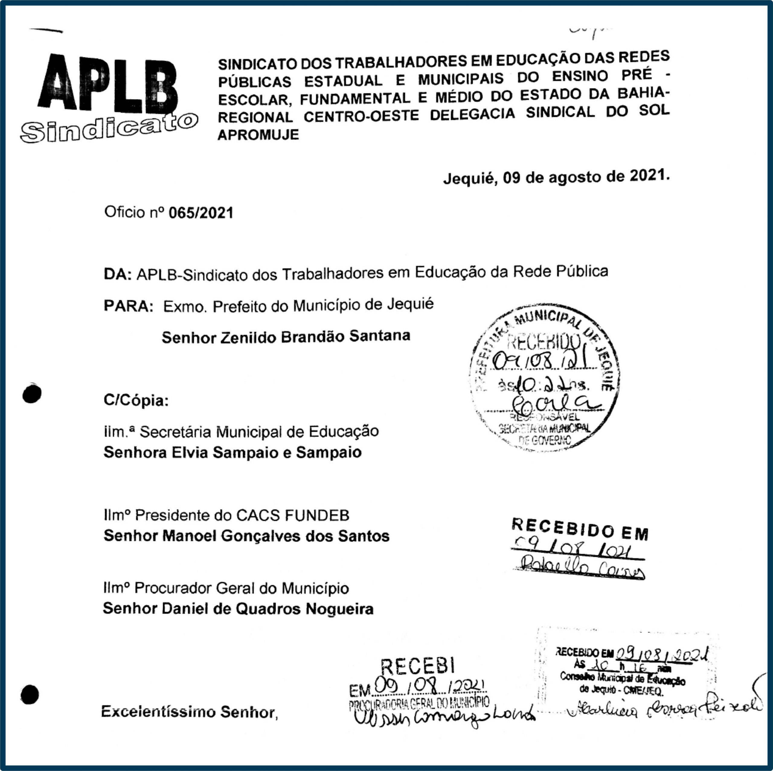 APLB de Jequié oficializa ao Governo Municipal solicitação de regularização de pagamentos feitos com os Recursos Financeiros do FUNDEB destinados a Educação Municipal.