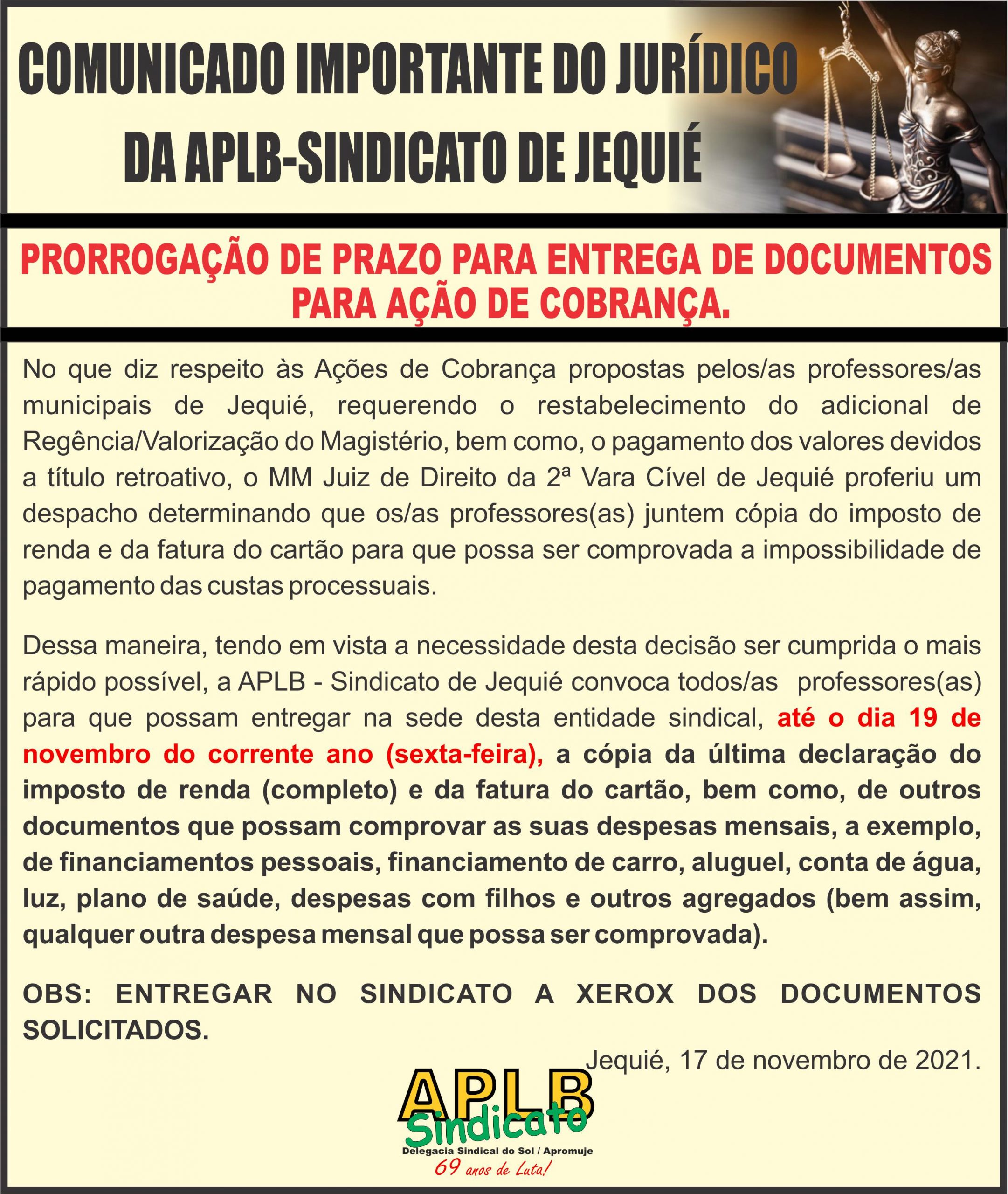 COMUNICADO IMPORTANTE DO JURÍDICO DA APLB: Prorrogação de prazo para entrega de documentos para Ação de Cobrança.
