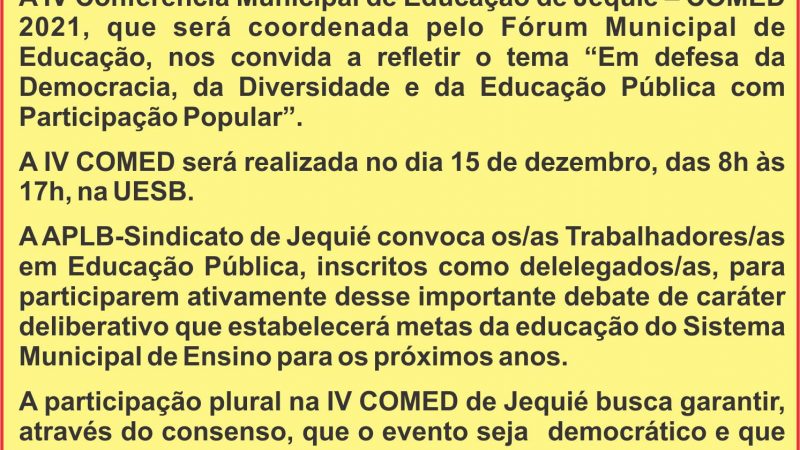 CONVOCAÇÃO DA APLB-SINDICATO DE JEQUIÉ PARA A CONFERÊNCIA MUNICIPAL DE EDUCAÇÃO