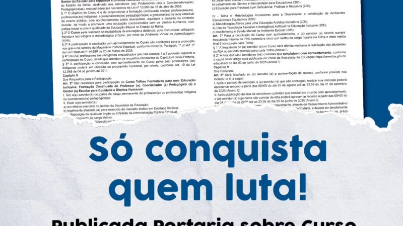 Publicada Portaria da Certificação – Fruto de acordo com APLB e governo do estado edição do DOE trata da promoção na carreira e certificação em Educação Inclusiva