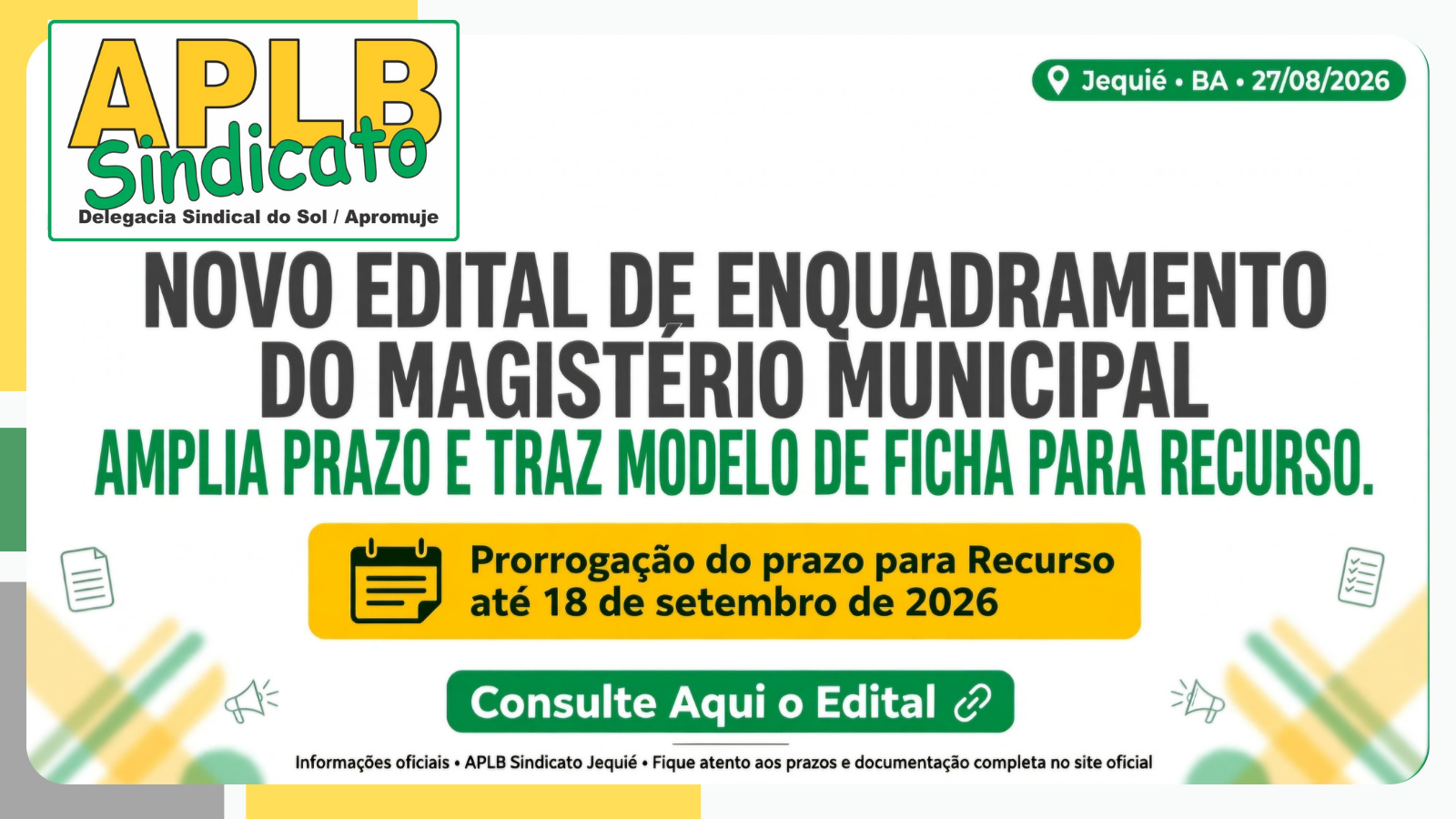 NOVO EDITAL DE ENQUADRAMENTO DO MAGISTÉRIO MUNICIPAL AMPLIA PRAZO E TRAZ MODELO DE FICHA PARA RECURSO.