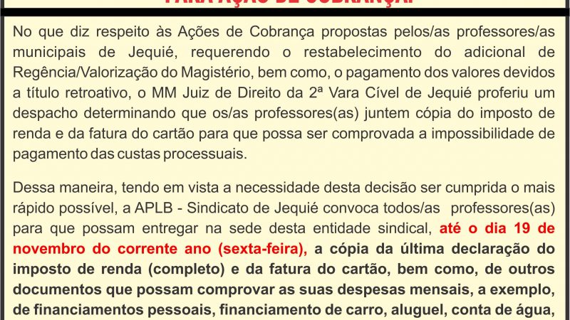 COMUNICADO IMPORTANTE DO JURÍDICO DA APLB: Prorrogação de prazo para entrega de documentos para Ação de Cobrança.